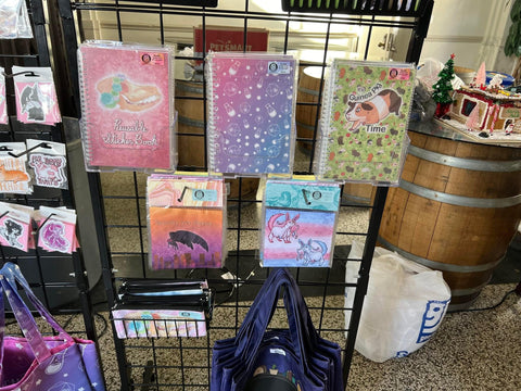 Reusable sticker books in clear plastic racks on a grid wall. Below them are lens cloths in plastic bags with hanging tabs made from scrapbooking paper