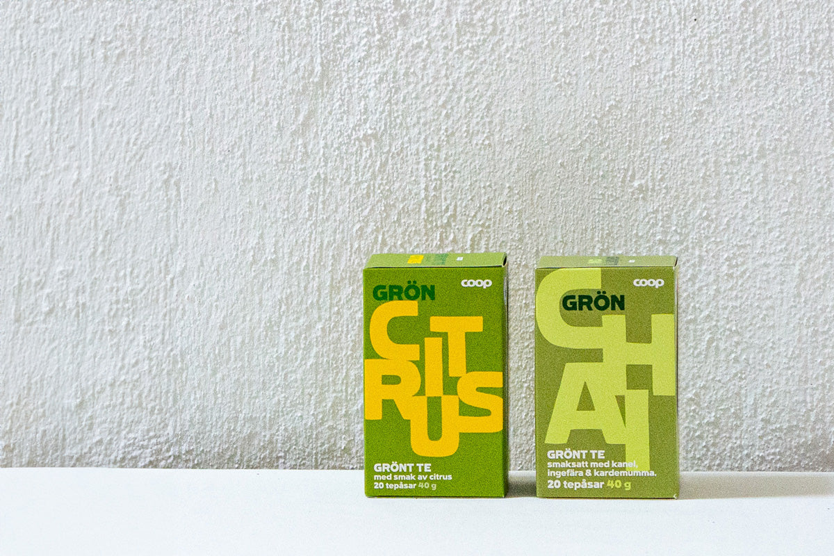 Contains 20 tea bags of flavored green tea GRÖN CHAI, an original product of COOP SVERIGE.