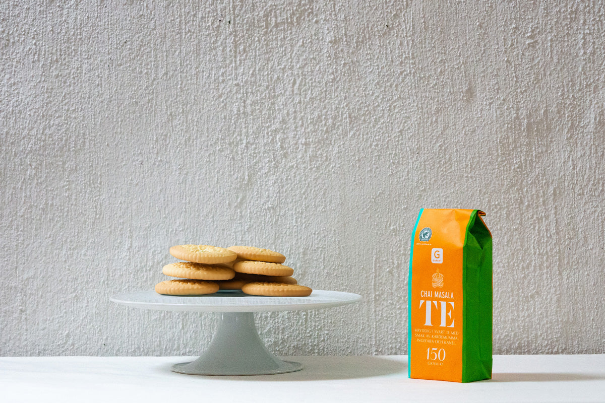 Fika with tea chai masala and cookies with a cute pop design from Scandinavian Swedish food manufacturer Garant