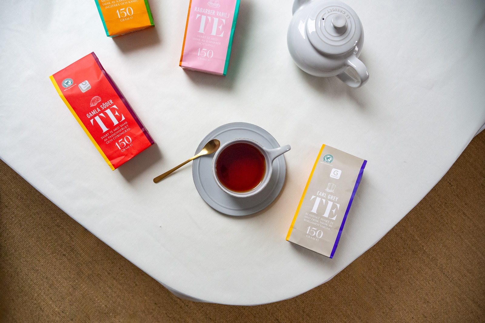 Four types of tea with cute pop designs from Nordic Swedish food manufacturer Garant (Earl Gray, Gumla Seder, Rhubarb Vanilla, Chai Masala)