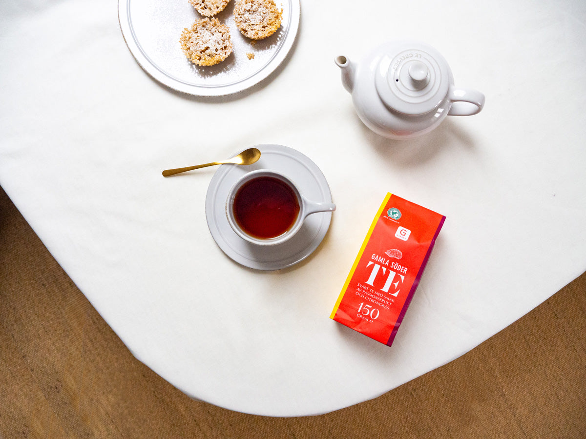 Fika with cute black tea Gamla Seder and cookies from Scandinavian Swedish food manufacturer Garant with a pop design