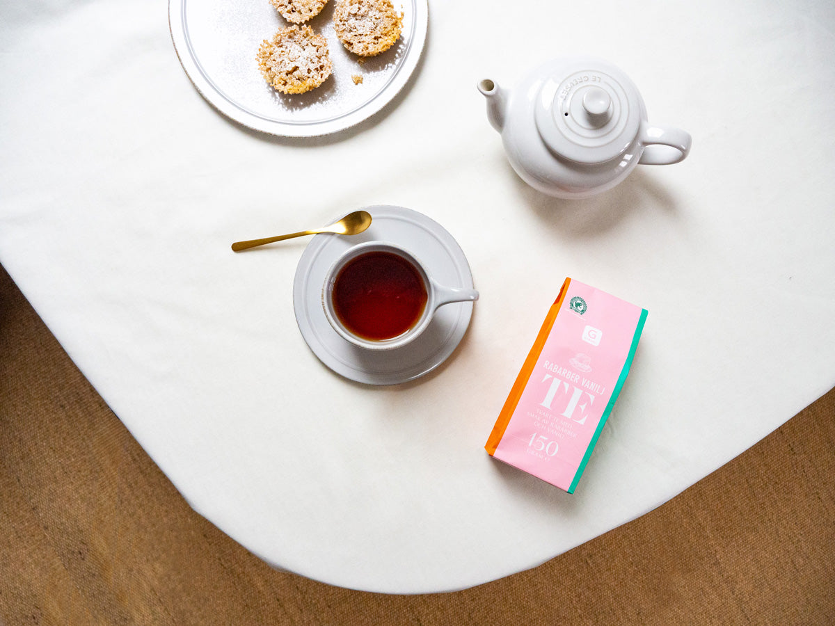 Fika with cute black tea rhubarb vanilla and cookies with a pop design from Nordic Swedish food manufacturer Garant