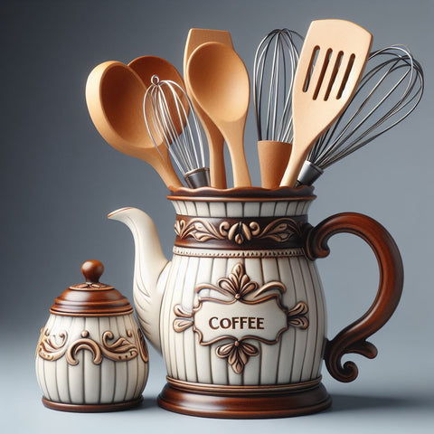 Kaffeekannen oder Teekannen als Küchenutensilienhalter Organisierte Eleganz in Ihrer Küche