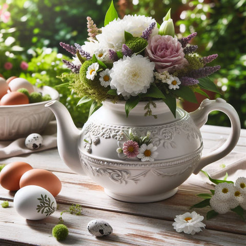 weiße Porzellan Teekanne dekorieren: Teekanne mit bepflanzt mit Sommerblumen Sommerdeko im Garten