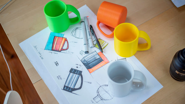 Sketches of mugs with some 3D printed prototypes in different colors on a table.