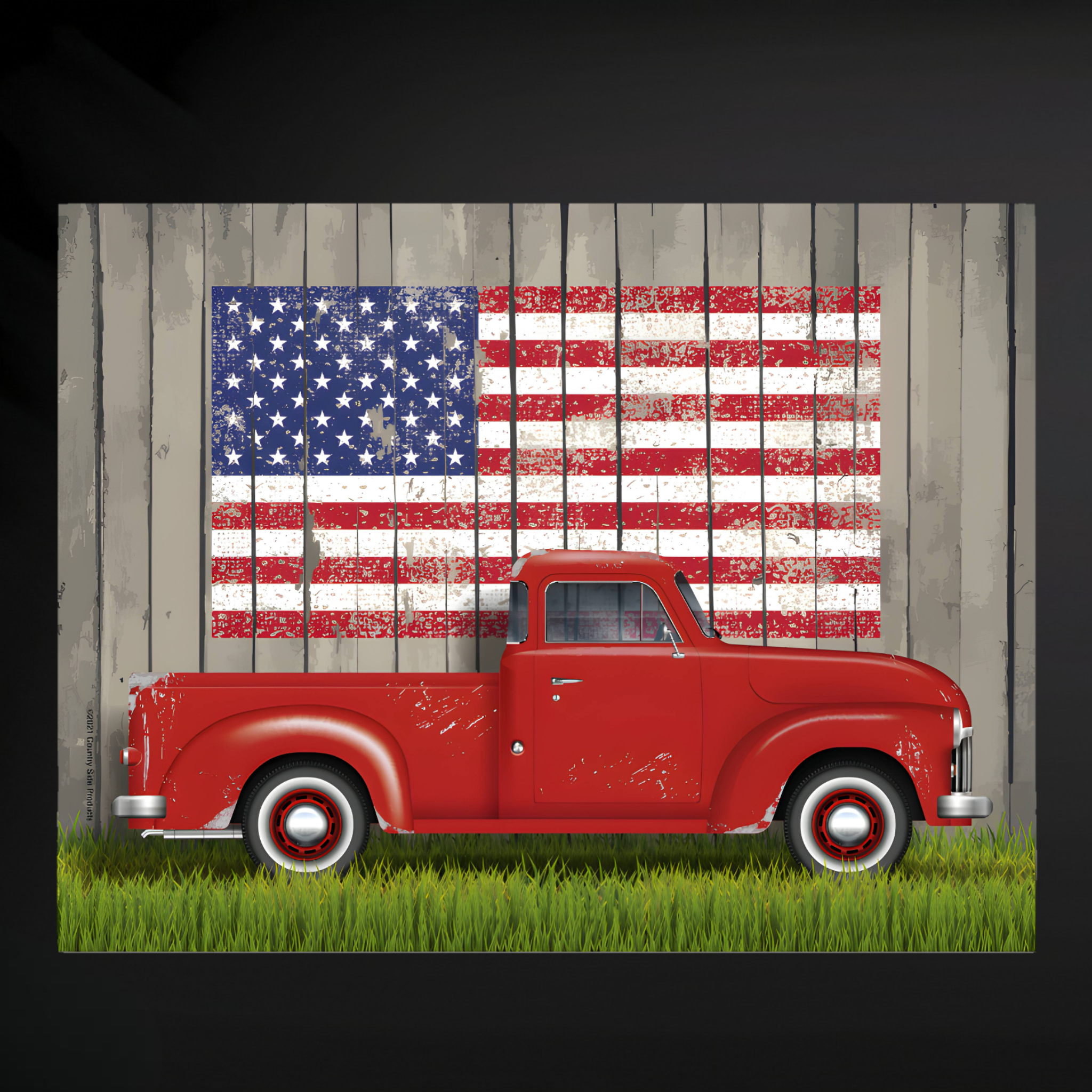 Cutting Board - Red Pickup with USA FLAG on Barn