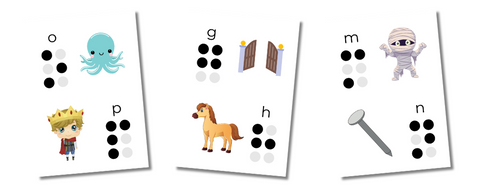Braille Alphabet Flashcards for Kids, image shows letters o, p, g, h, m and n, each has the braille letter, the English letter and an image