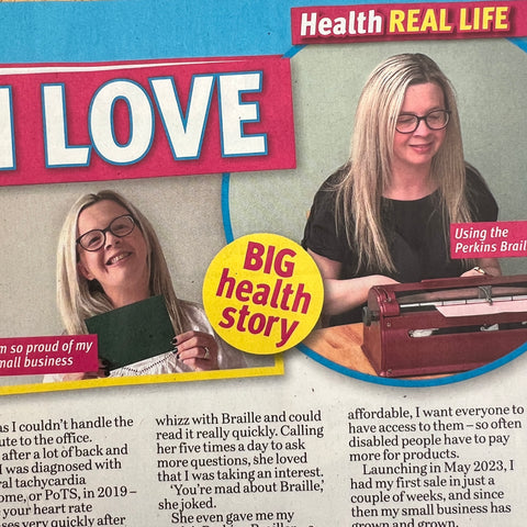 A photo of Hayley's article in Pick Me Up magazine, there are two images of Hayley, one holding a braille card and one of Hayley typing on a Perkins brailler.