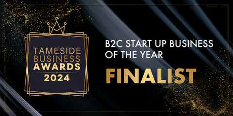 A black banner with splashes of glitter, with text reading Tameside Business Awards 2024, B2C Start up of the Year Finalist