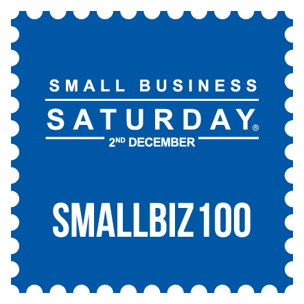 A blue box with a scalloped edge with text saying Small Business Saturday 2nd December, SmallBiz100