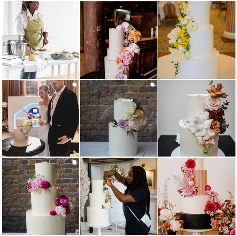 A screenshot of a wedding cake maker Instagram feed, there are 9 images of different wedding cakes.