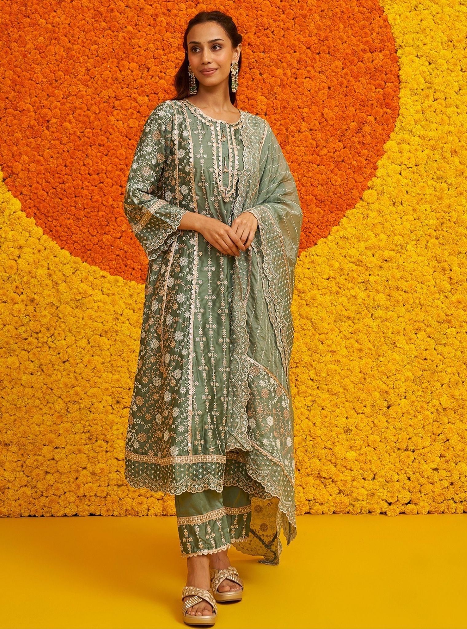 Mulmul Organza Satin Saathiya Teal Blue Kurta With Mulmul Pima Satin Saathiya Teal Blue Pant - Shop Mulmul UK product image