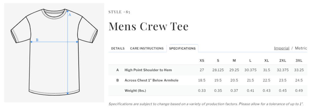 Men's Tee Sizing Chart