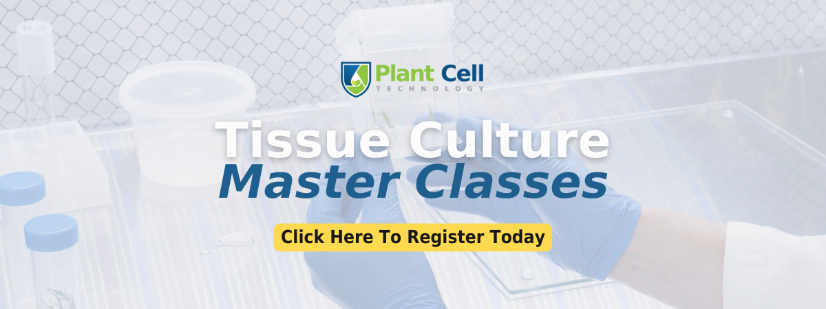 Promotional banner for Plant Cell Technology master class on tissue culture, featuring African violets in a square vessel and call to action for registration.