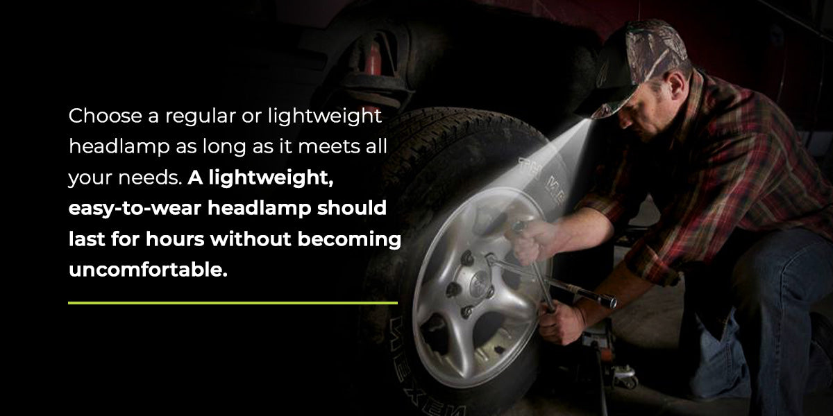 Man wearing a Powercap 3.0 headlamp using the built in flashlight to repair his car tire in the dark.