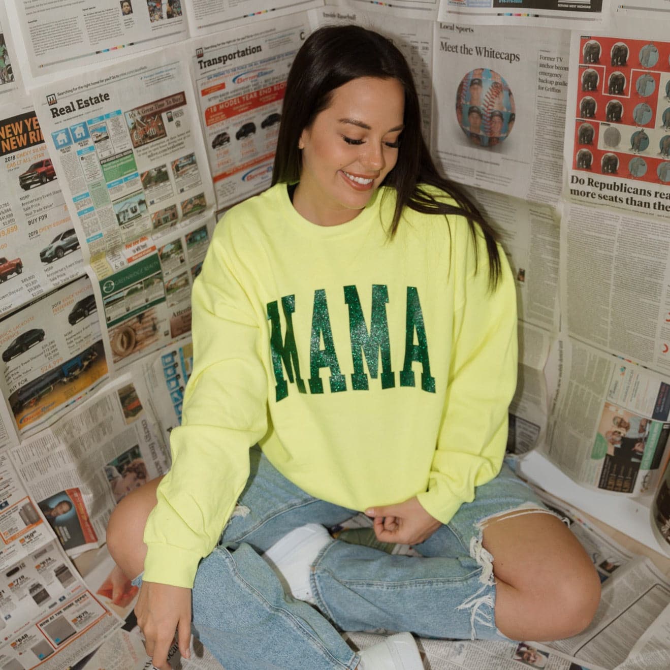 MAMA Collegiate Neon Sweatshirt w/ Forest Glitter