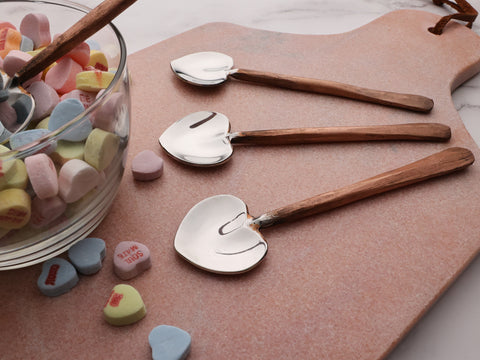 Ridge copper heart spoons on the Clara Rose marble board