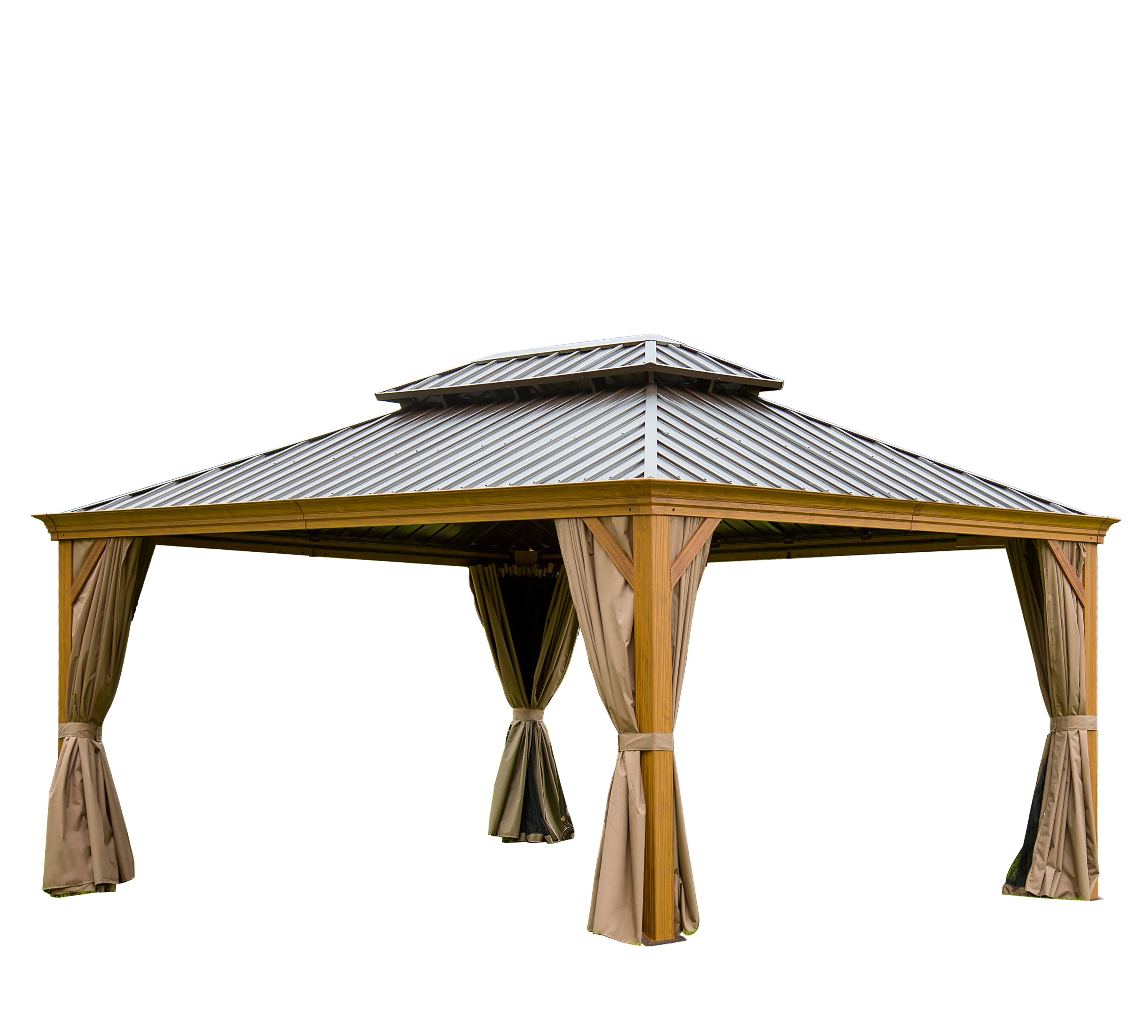 Shana 12 X 16 ft Hardtop Gazebo Outdoor Wooden Grain Coated Aluminum - Yellow Brown