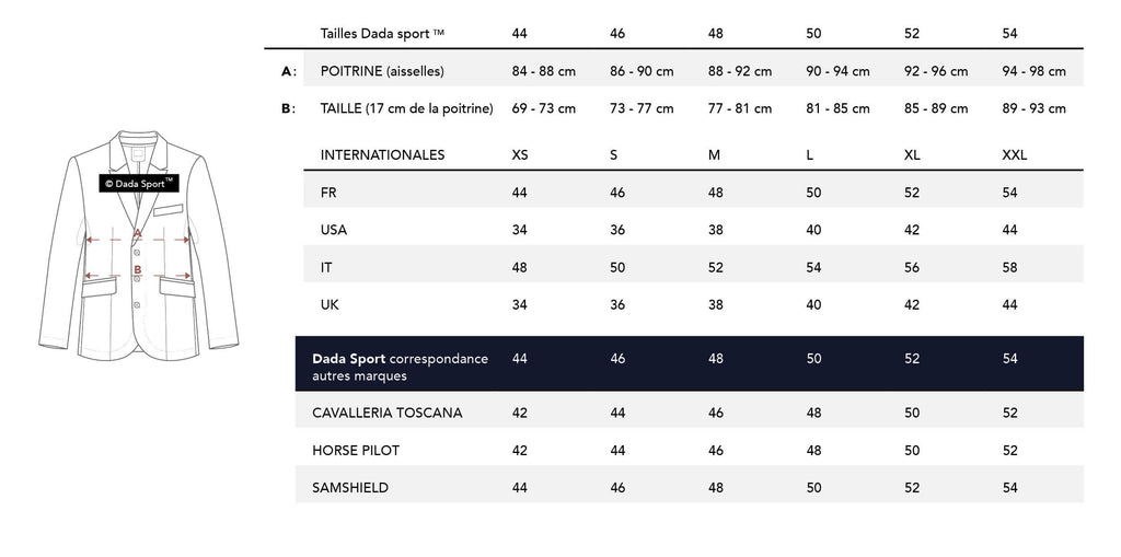 Guide des tailles : veste équitation dadasport homme