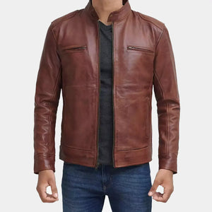Men Cognac Cafe Racer Biker Leather Jacket - Coweep