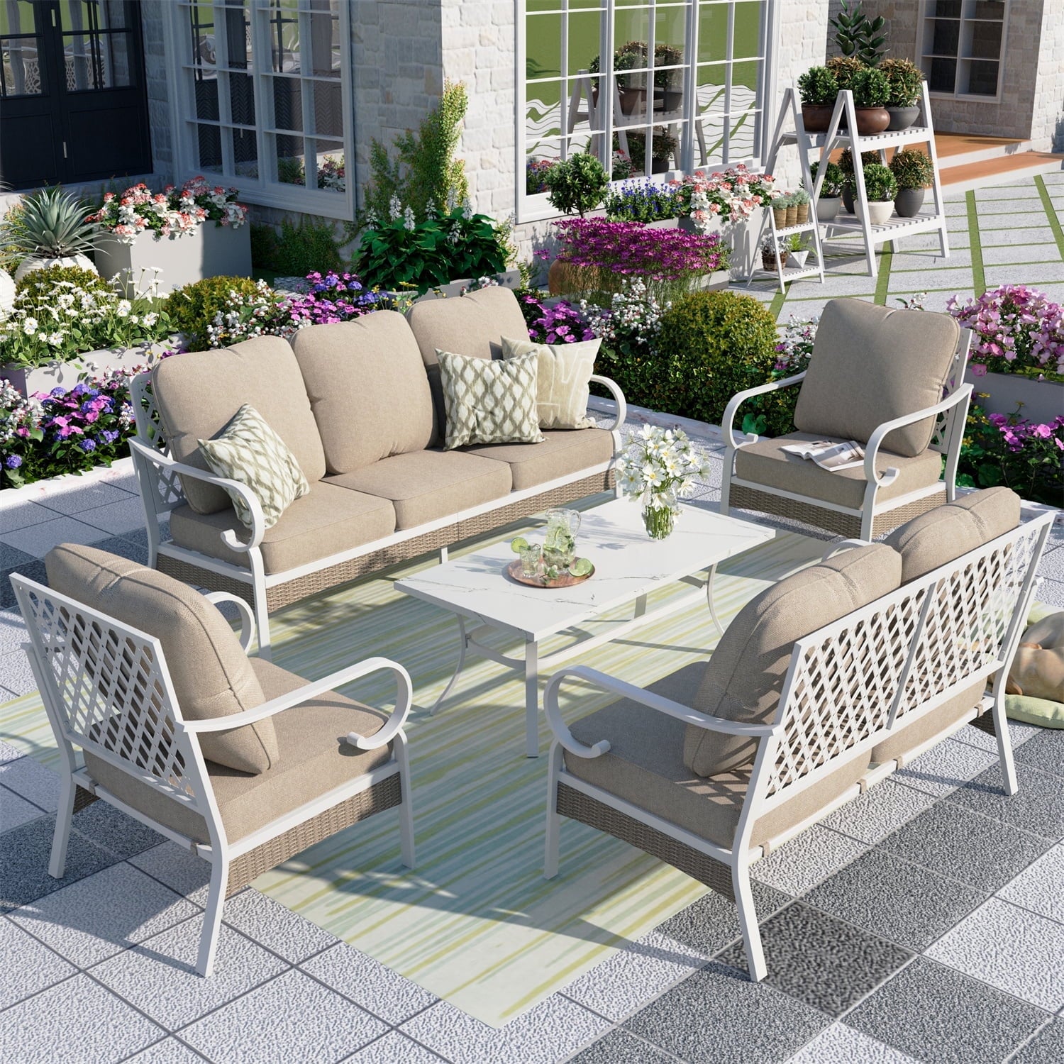 MF Studio 7-Seater Patio Conversation Set Metal Outdoor Furniture with Fixed Chair Sofa Beige