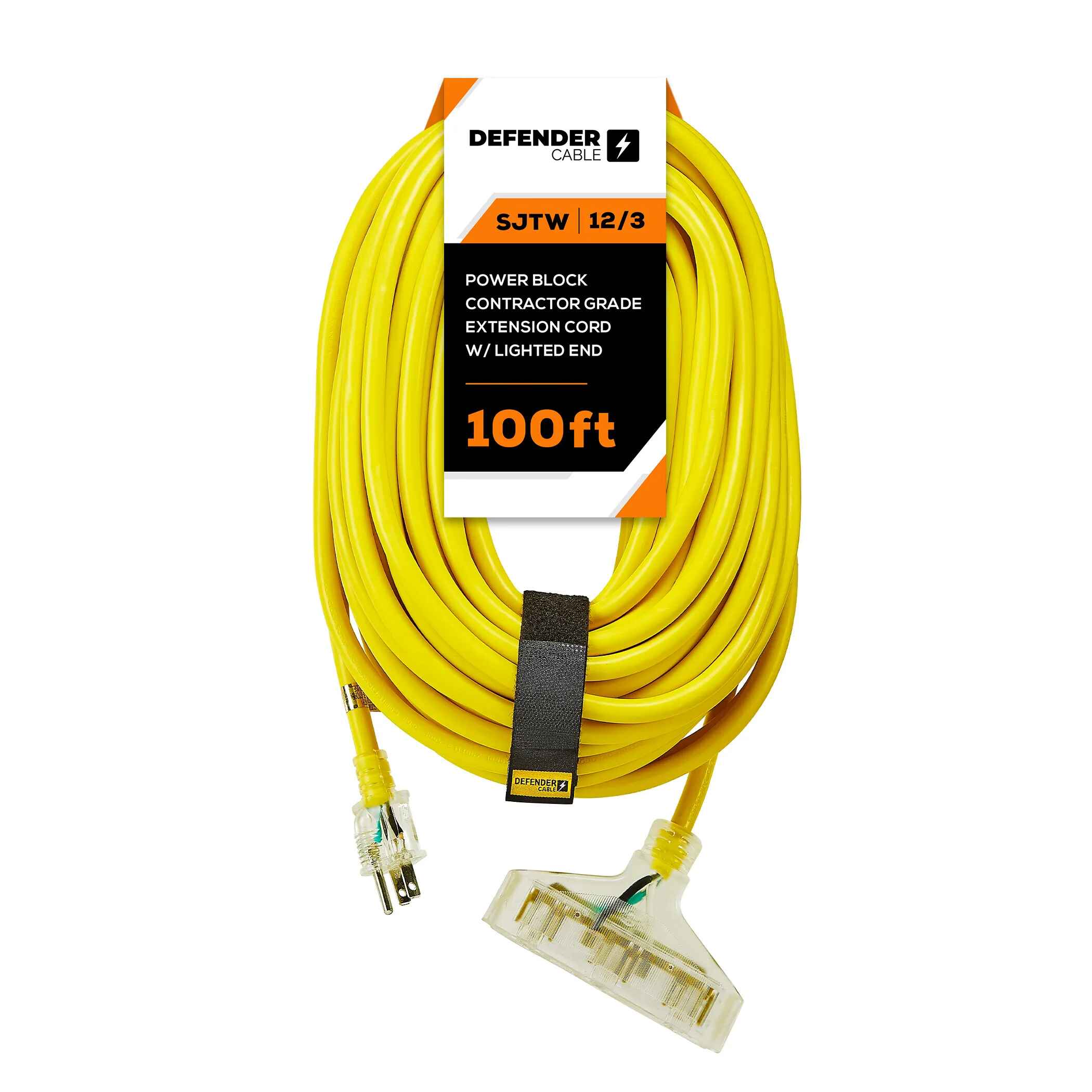 12/3 Gauge, 100 ft SJTW w/ Lighted End Contractor Grade Extension Cord