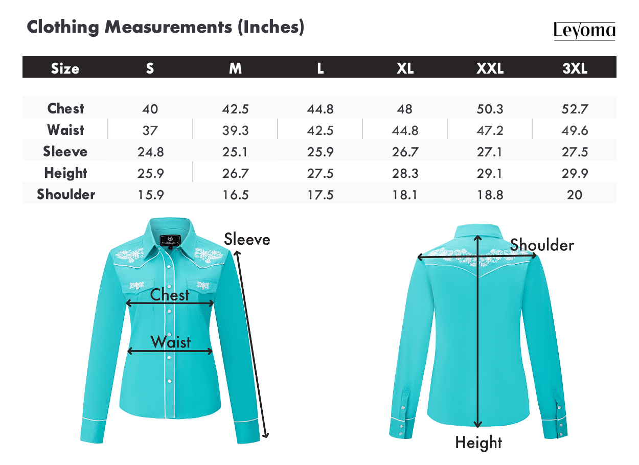 Women's Embroidered Western Button Up Shirt Measurement Chart Inches Leyoma