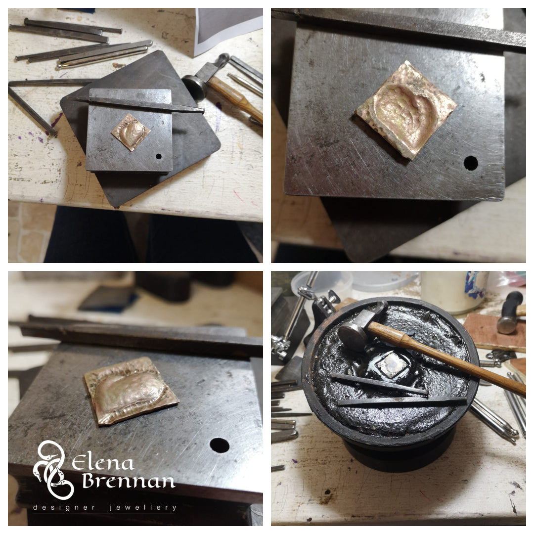 Working in the jewellery studio, hammering 14ct gold into a heart shaped pendant.