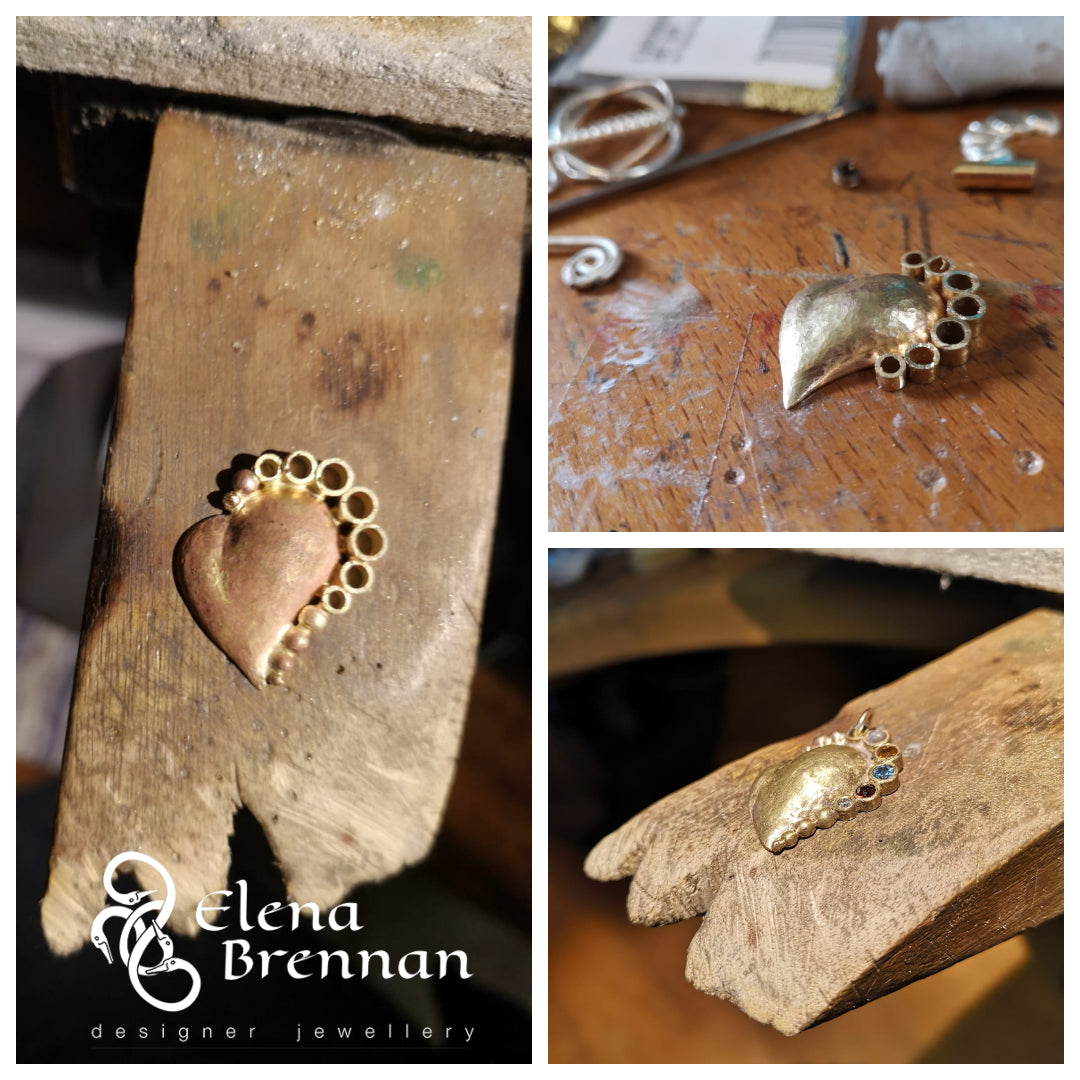 The 14ct gold heart pendant with birthstones design starting to come together.