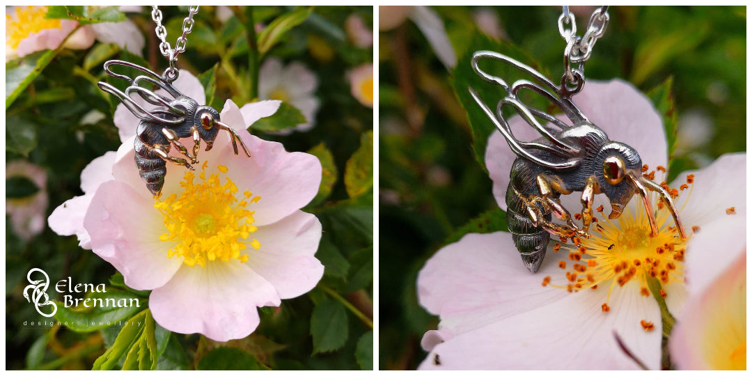 The bespoke honeybee pendant having fun in the garden before going to his forever home!