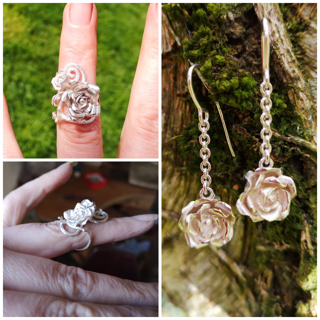 The bespoke Rose Flower Ring and Earring Jewellery Set ready for polishing.