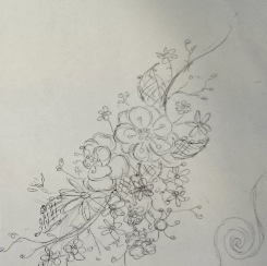 Bocetos iniciales para una pieza de joyería de boda a medida, diseño de un tocado de novia floral.