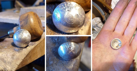 Working on a bespoke pendant with a special engraving in the studio.