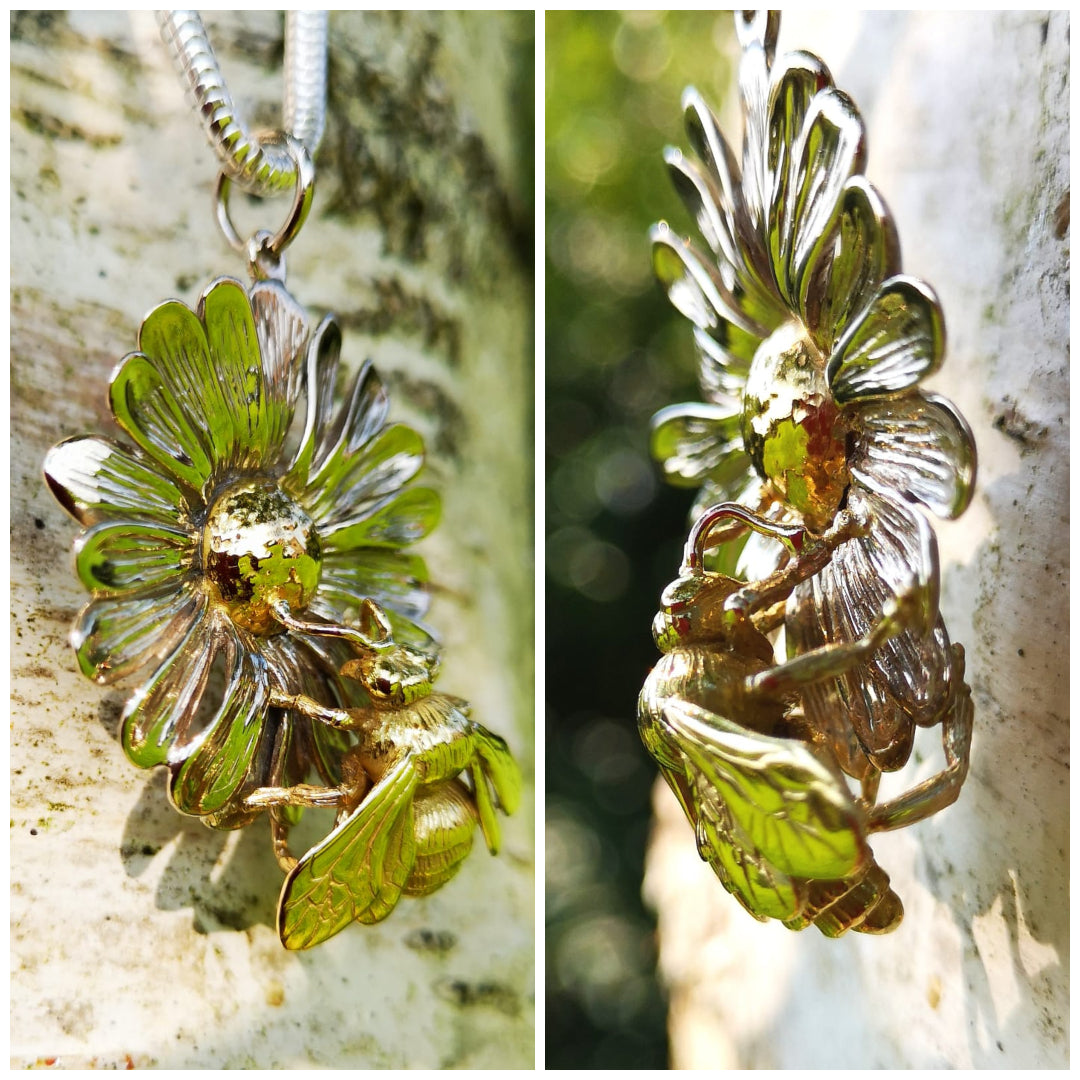 The Bee and Daisy Pendant handcrafted from 14ct yellow gold and white gold.