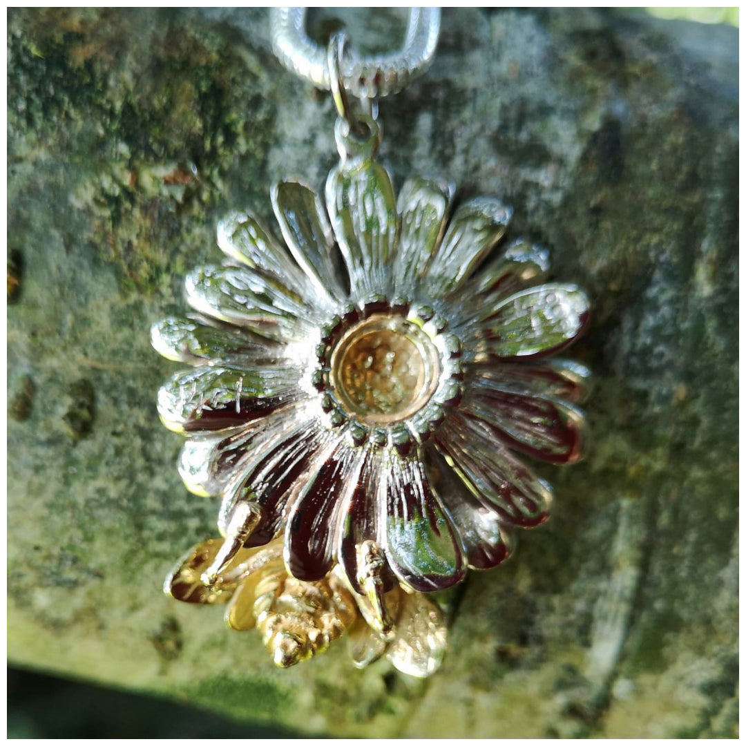 The back detailing of the Bee and Daisy Pendant handmade by Elena Brennan Jewellery.