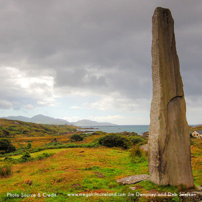A picture of the Ballycrovane Ogham Stone in Co. Cork.