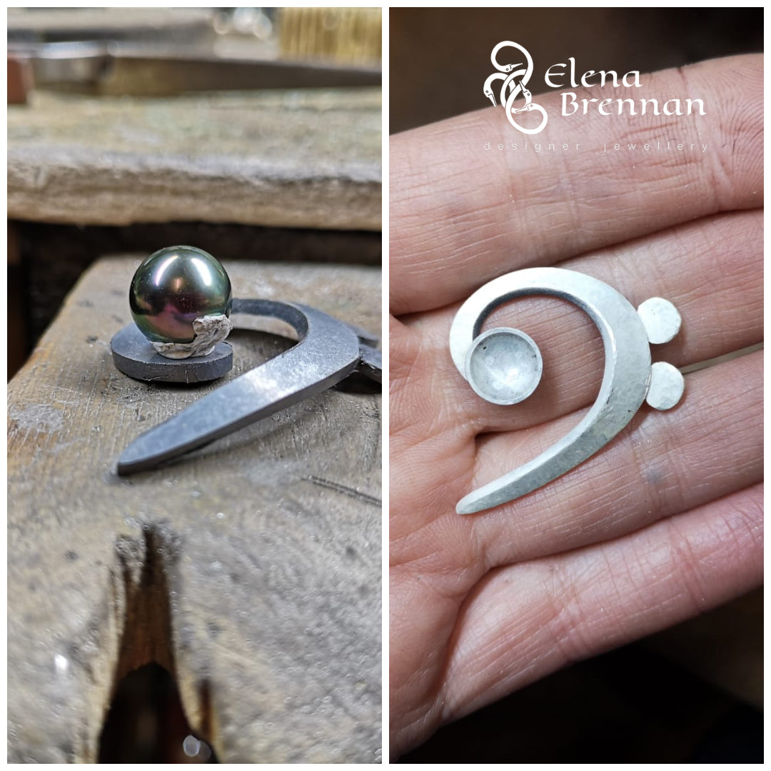The three dimensional base clef cut from silver sheet to create the basis of the Tahitian Black Pearl Pendant.