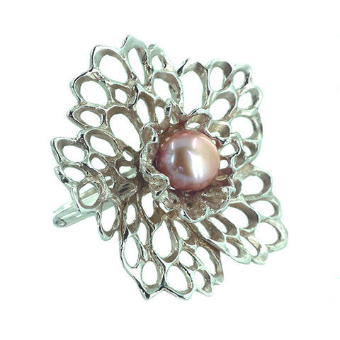 Petals and pearls pendant made of sterling silver. Designed and handmade in Ireland by Elena Brennan.