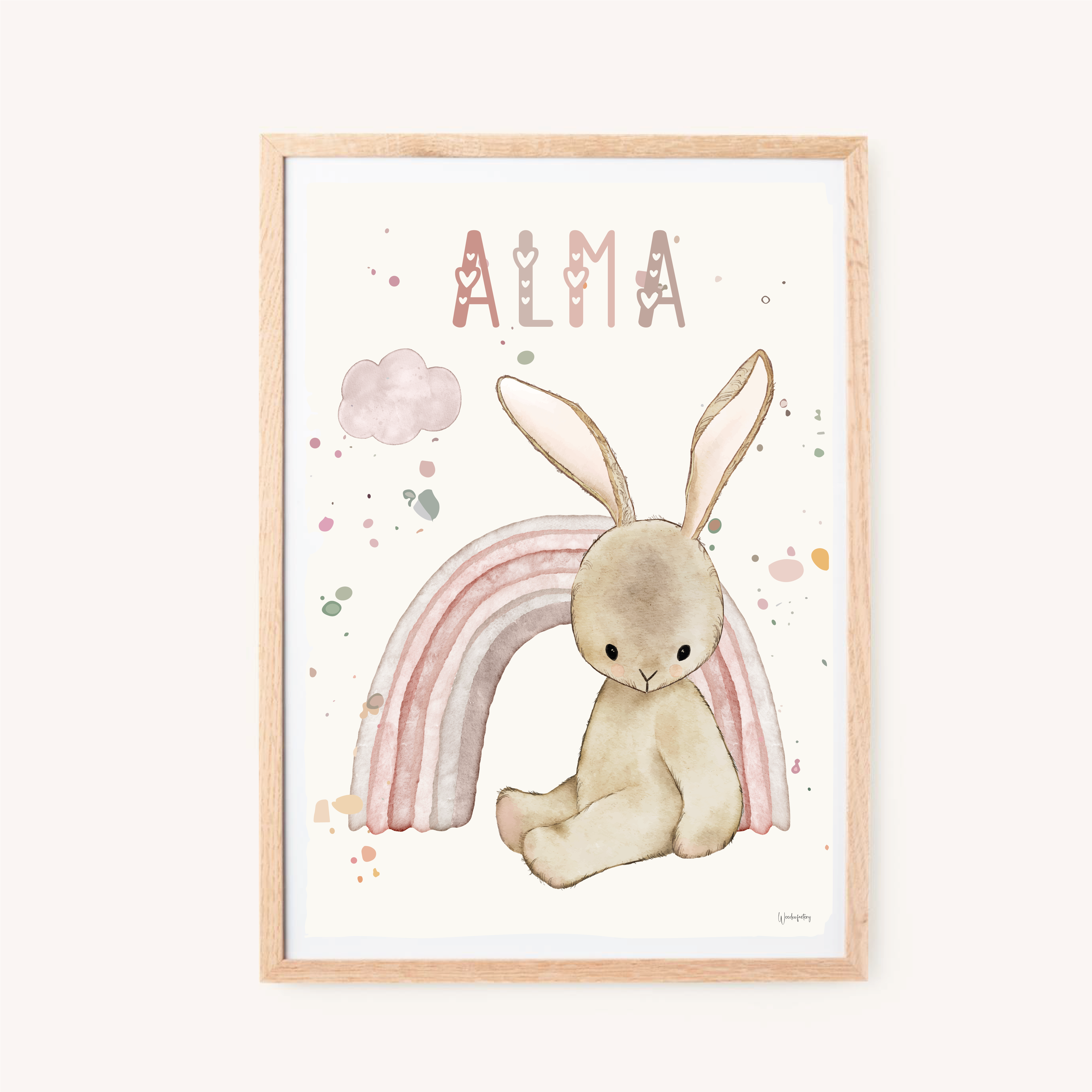 Se Børneplakat - Kanin med regnbue - A4 hos Woodenfactory