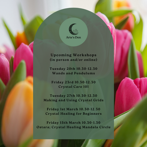 List of upcoming workshops with a colourful tulip background