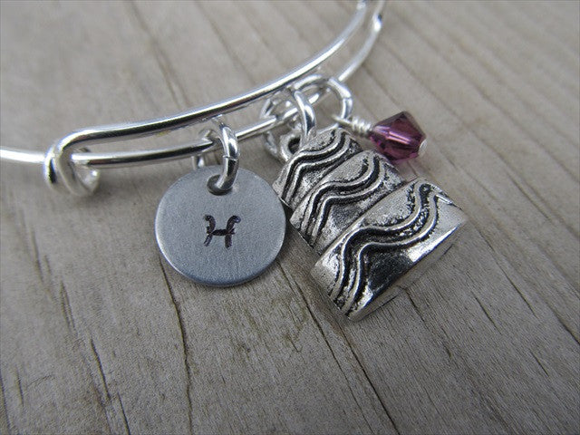 Cake Charm Bracelet- Adjustable Bangle Bracelet with an Initial Charm and an Accent Bead of your choice