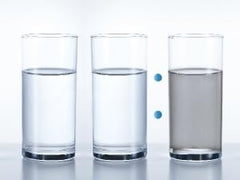 three glasses of water, with two showing clear filtered water and the other a glass of water with contaminants in