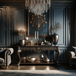 DALL·E 2023-11-09 12.13.36 - An elegant living room with a luxurious aesthetic, featuring a dark wooden console table with intricate carvings, set against a backdrop of rich, deep.png__PID:e847e609-4d08-40c2-b52e-acf87828dd7c
