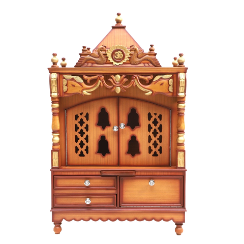 Divya Darshan Floor Rested Pooja Mandir/Wooden temple with Door for home in Teak Gold color front view