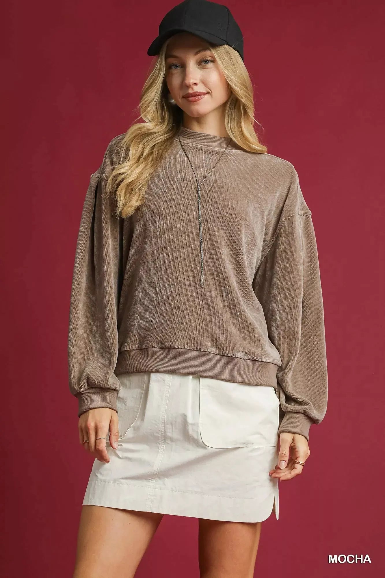 VELOUR BALLOON SLEEVE SWEATSHIRT