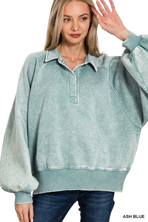 Zenana: ACID WASH COLLARED SWEATSHIRT - AllieMac