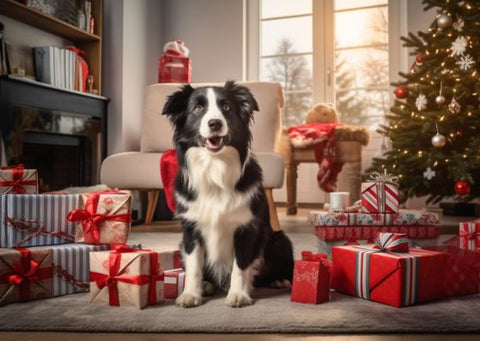Border collie dog surrounded by Christmas presents