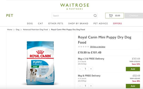 screenshot of royal canin puppy food from waitrose website