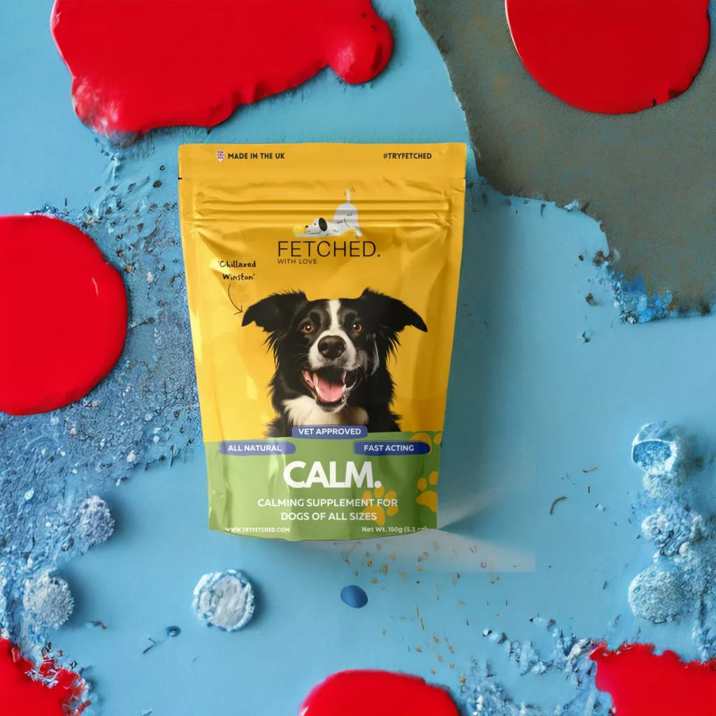 calm product pouch from the front with colourful background