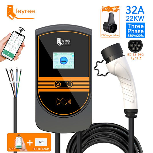 Feyree Ev Chargeur 22kw 32A 3 Phase Evse Wallbox Borne de recharge de  voiture de véhicule électrique avec adaptateur de type 2 Iec62196-2 5m  Câble